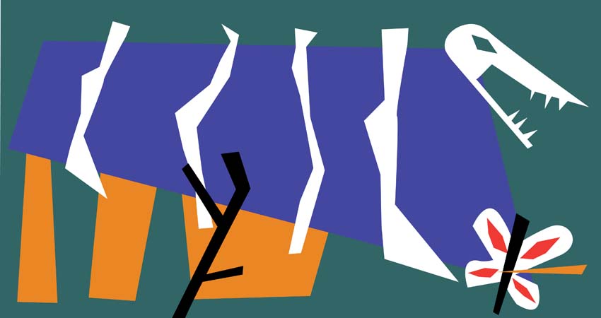 Cartell. Un dinosaure, un arbre i una papallona