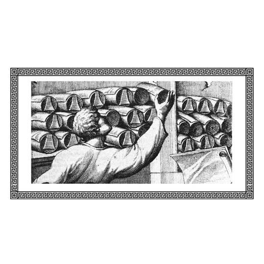 Drawing of a man picking up a scroll