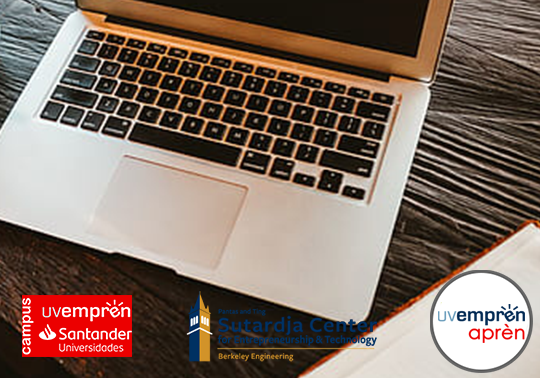 Trabajo en linea, ordenador y logotipos del Webinar y la convocatoria