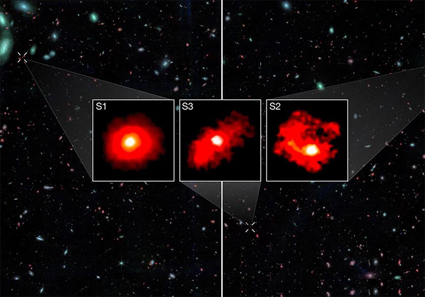 Els tres monstres rojos. Galàxies ultramassives en els primers mil milions d’anys després del Big Bang. NASA/CSA/ESA, M. Xiao & P. A. Oesch, G. Brammer, Archivo Dawn JWST