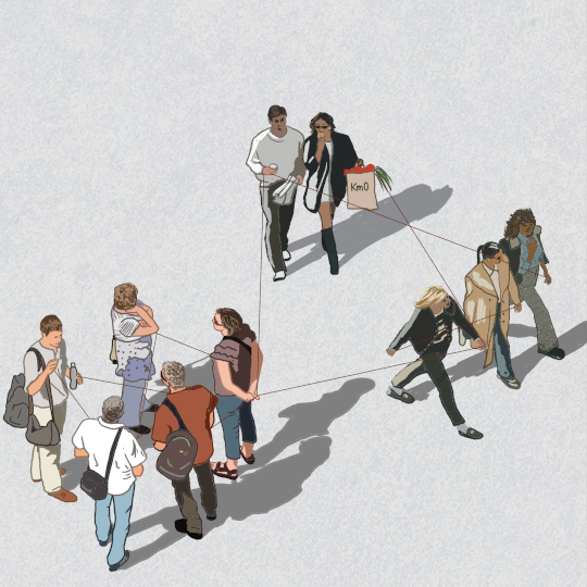 Drawing of people walking and talking