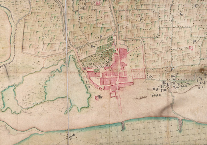 Part of the <i>Mapa de la situación y contornos del Grao de Valencia</i>, work by Nicolás Bodin (1739). Source: Servicio Geográfico del Ejército, núm 178.