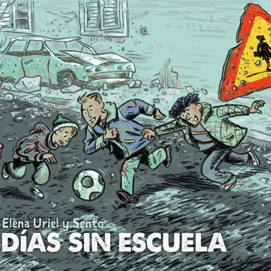 Drawing of children playing with a ball in the street