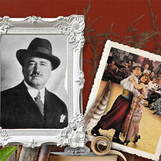 Retrato de Blasco Ibáñez y pintura de una pareja bailando tango