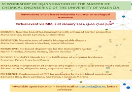 VI Jornada d'Innovació en el Màster en Enginyeria Química - 21 de gener 15.30 - Online