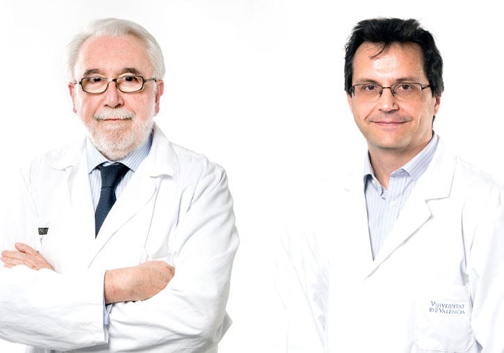 Josep Redón (esquerra), catedràtic de Medicina de la Universitat de València i Rubén Artero, catedràtic de Genètica de la institució acadèmica.