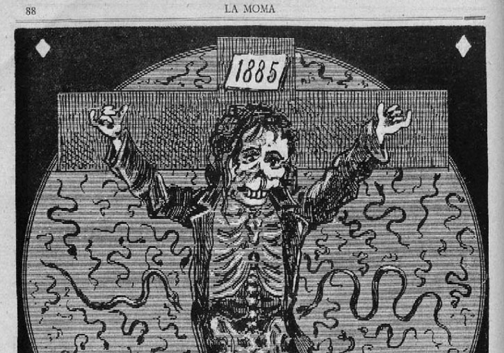 Caricatura del poble martiritzat pel còlera i la gestió política conservadora. La Moma, 13 de juny de 1885.