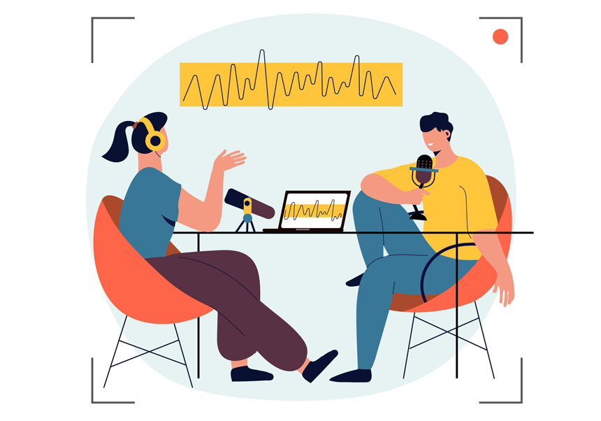 Infografía representando una entrevista de radio.