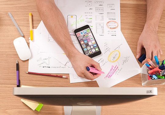 Desk table with office supplies