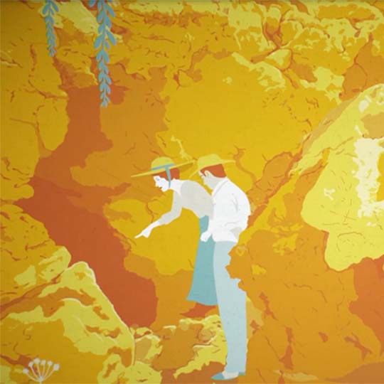 Drawing of a woman and a man looking at a cave