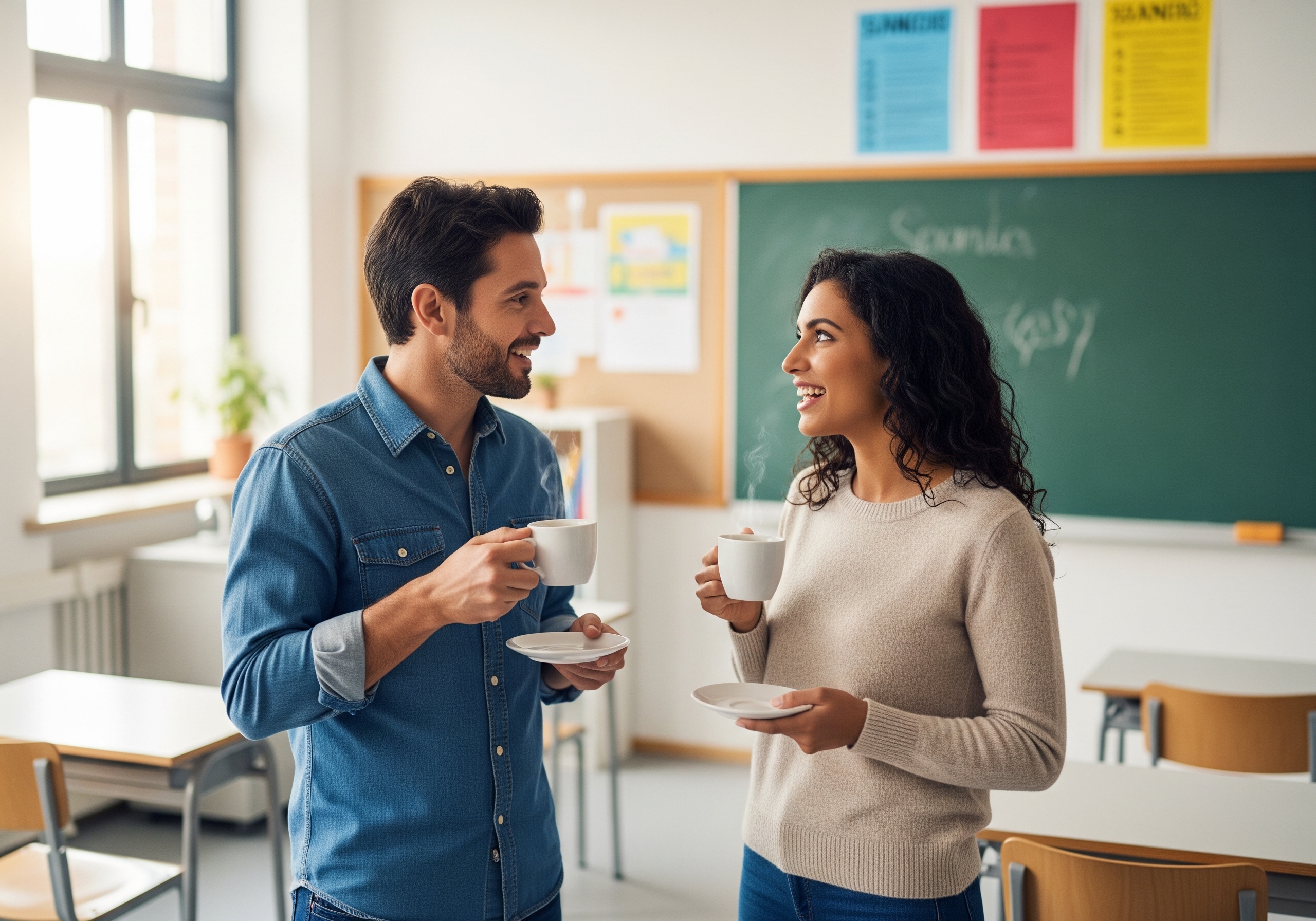 Dos docentes hablando en un aula mientras toman café