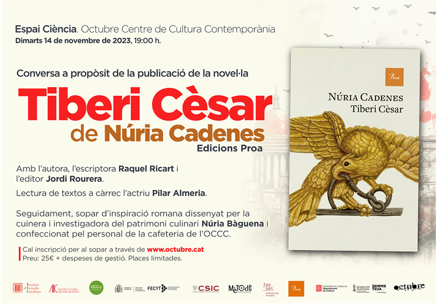 Cartell de la conversa de presentació de la novel·la Tiberi Cèsar, de Núria Cadenes.