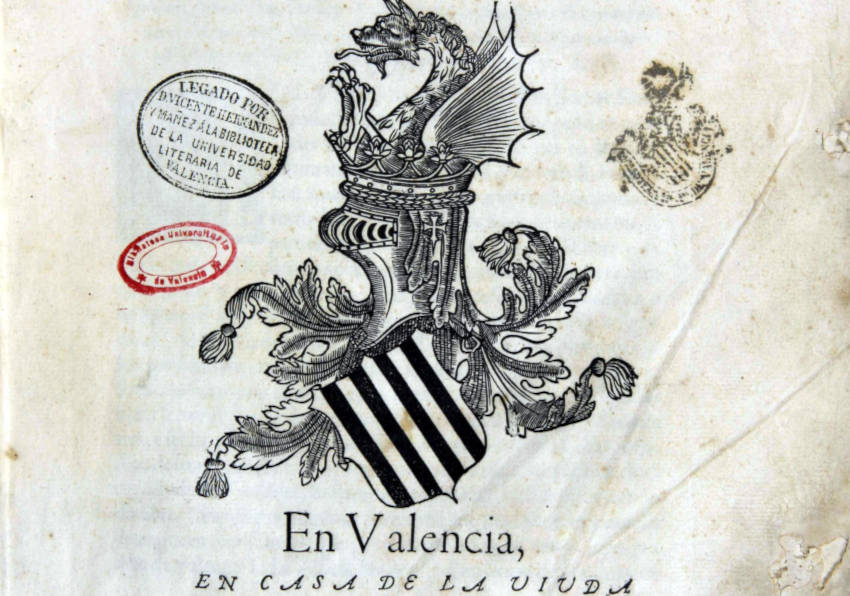 Fragment de l'obra de Ramon Muntaner. Chronica, o descripcio dels fets, e hazanyes del inclyt Rey Don Iaume Primer... e de molts de sos descendents. En Valencia: en casa de la viuda de Ioan Mey Flandro, 1558. Universitat de València. Biblioteca Històrica. BH R-1/76.