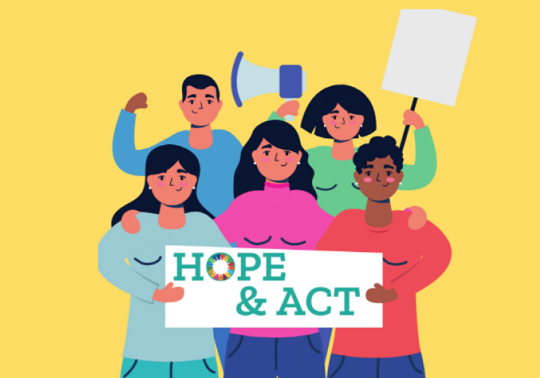 il·lustració amb diferents persones de molts països amb pancarta que diu HOPE AND ACT