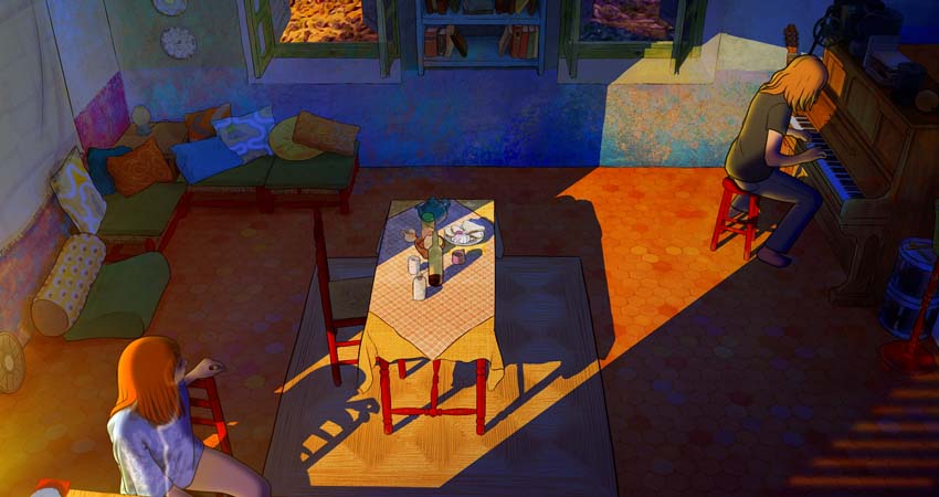 Still. A boy playing the piano and a girl in a living room