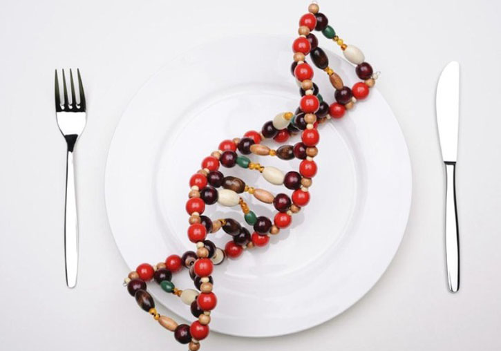 Representación visual del concepto de nutrigenómica, donde la dieta influye en el ADN. Fuente: Instituto de NutriGenómica.