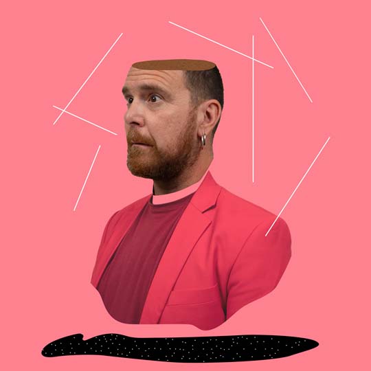 The torso of a man with the top of his head cut off