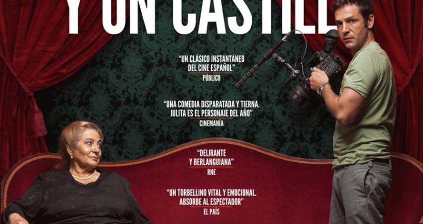 Cartell. Una dona major, un porc i un home amb una càmera de cinema