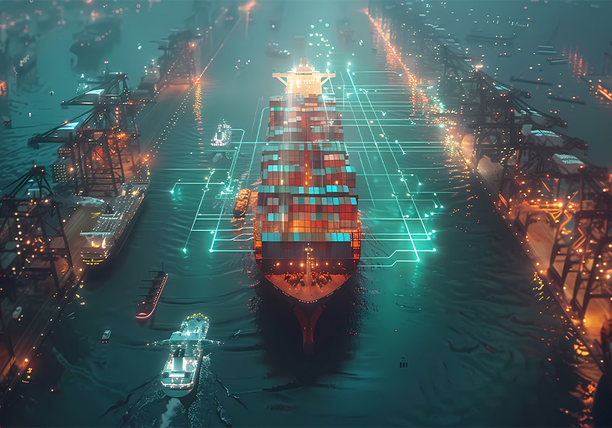 Fotografia sobre transport marítim. IA.