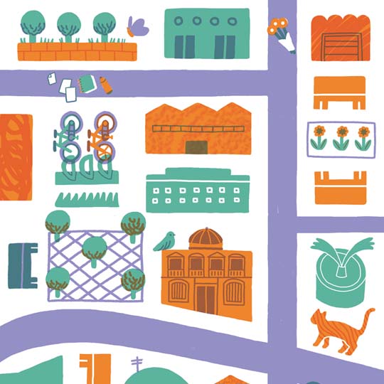 Detall del cartell, dibuixos d'edificis, parcs, animals, jardins....