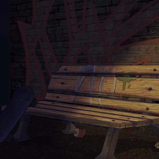 Un banc de fusta i un monopatí
