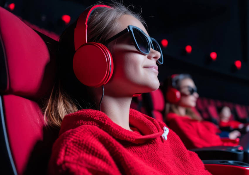 Imagen del evento:Una mujer escucha una audiodescripción en el cine.