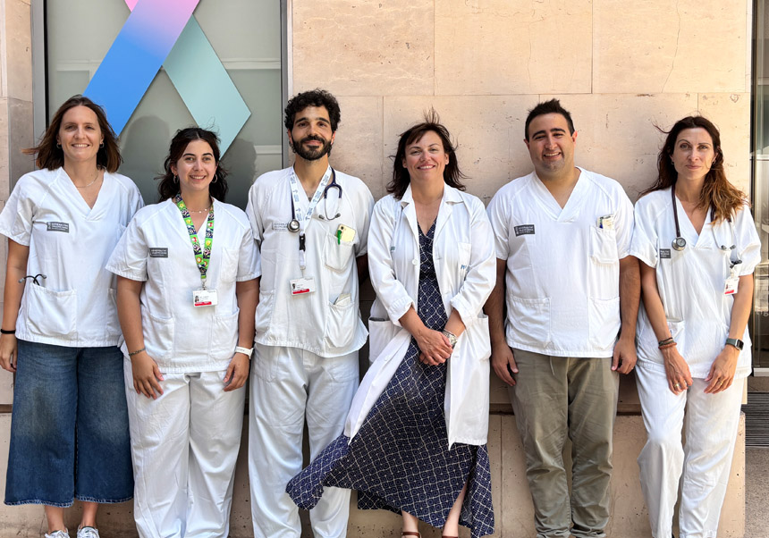 (D’esquerra a dreta). Sara Vela, Ana Isabel de Gracia, Carlos Bea, Rosa Oltra, Andreu Belmonte i Carolina Pinto. Foto: INCLIVA.