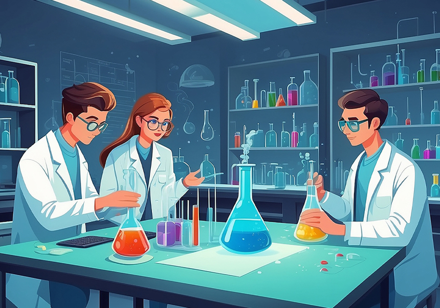 Infografia de personal investigador a un laboratori de química.