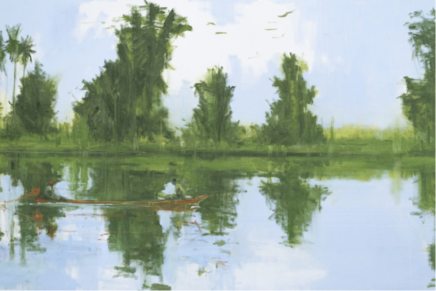 Pintura barca reflectida en l'aigua