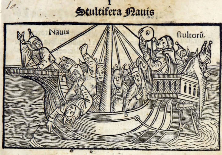 Grabado Das Narrenschiff = Stultifera nauis, Sebastian Brant, Publicación Georgius Wolff, París, 1499, colección Biblioteca Històrica Universitat de València.