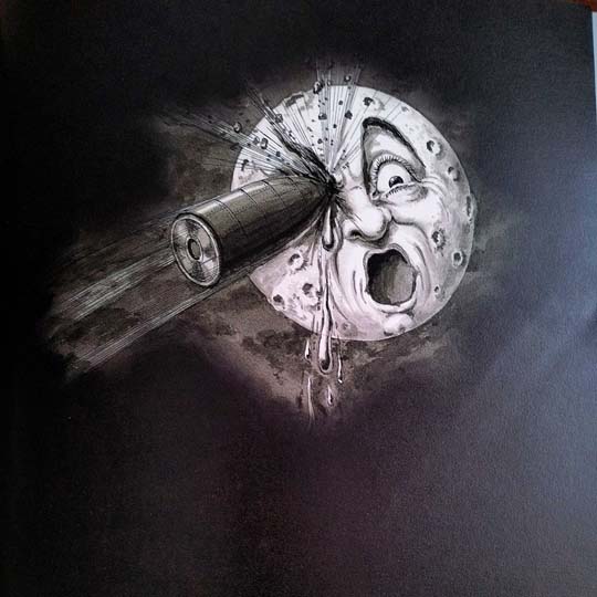 Drawing of the moon with a bullet in the eye