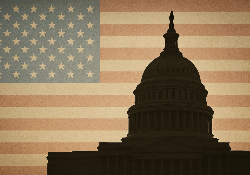 Silueta del Capitolio sobre una bandera de EE.UU. Imagen creada por IA.