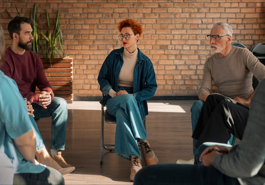 event image:Group of people talking, sitting on chairs in a circle