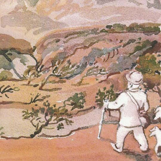 Drawing of a man and a dog in the mountains