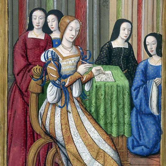 Detail of a painting with five women in a room