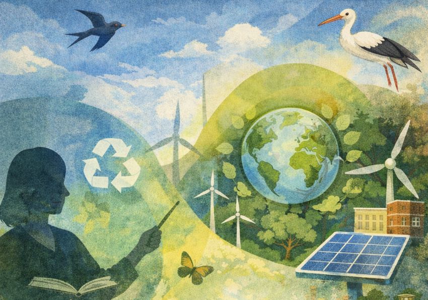 Imagen del evento:Elementos medioambientales con la silueta de una profesora y un grupo de alumnos