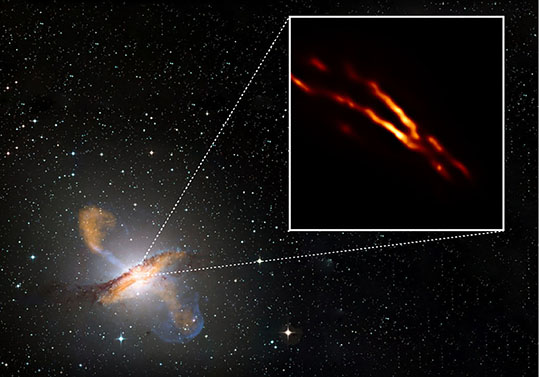 Imatge de Centaurus A obtinguda amb l'EHT, mostrada junt amb una imatge composta a color de la galàxia. Crèdit: Radboud University; ESO/WFI; MPIfR/ESO/APEX/A. Weiss et al.; NASA/CXC/CfA/R. Kraft et al.; EHT/M. Janssen et al.