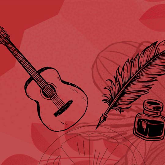 Dibuix d'una guitarra, una ploma i un tinter
