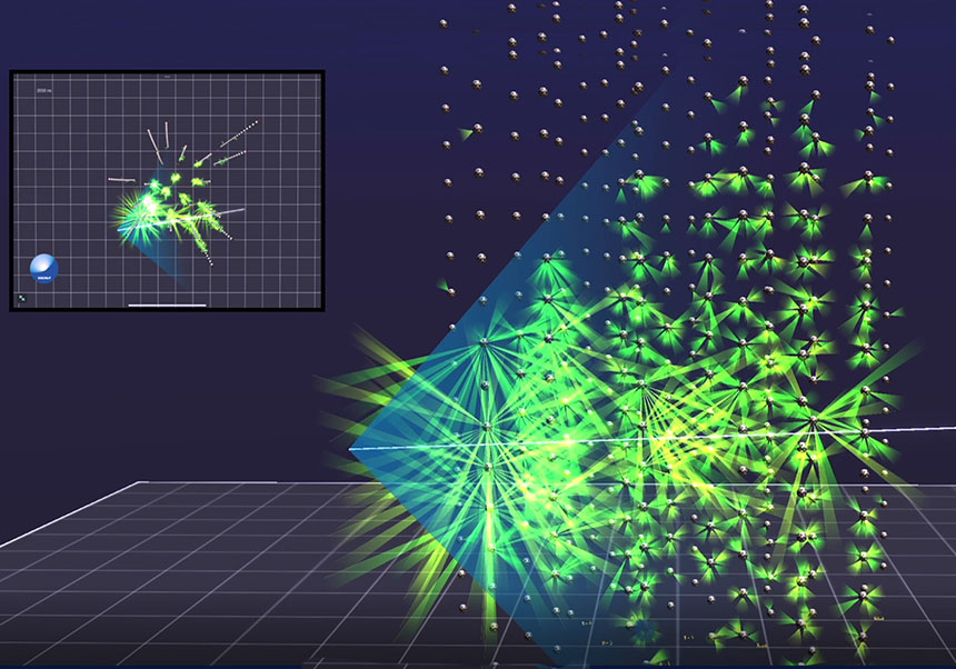Recreación de la captación por KM3NeT de la luz Cherenkov emitida por la interacción del neutrino/ KM3NeT Collaboration