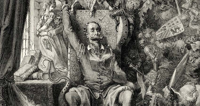 Detall de la portada del llibre, dibuix del Quixot