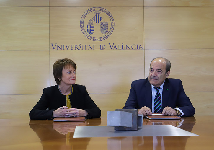 La rectora M. Vicenta Mestre i el president de Plena Inclusión CV Mario Puerto durant la signatura del conveni.