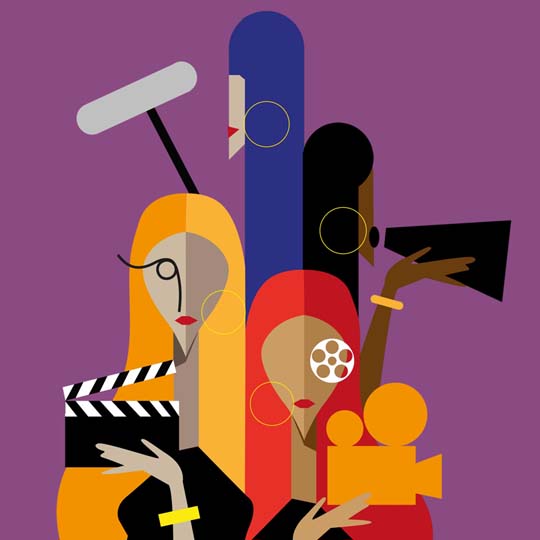 Drawing of four women with cameras