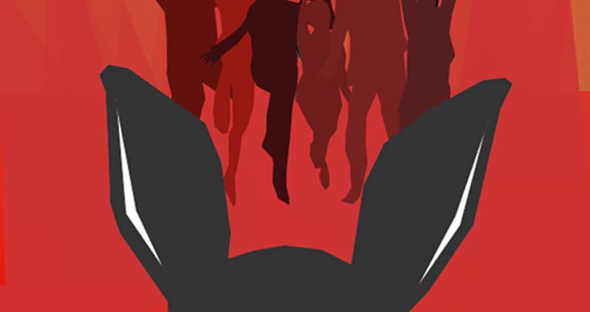 Cartel. Dibujo cabeza de burro y grupo de gente