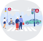 Il·lustració d'un carrer amb vianants, vehicles, bicicletes