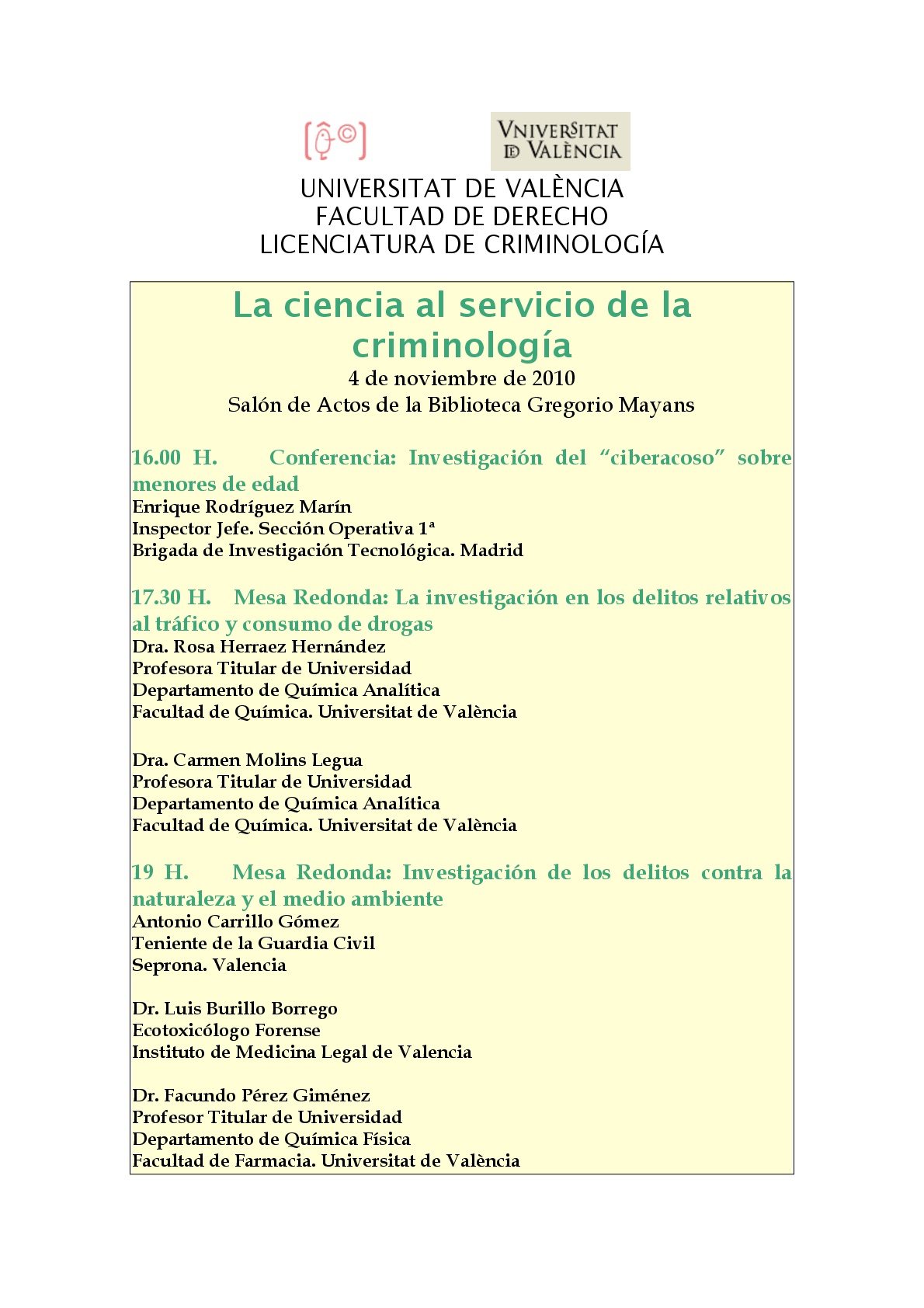 programa Seminario La ciencia al servicio de la criminologia.
