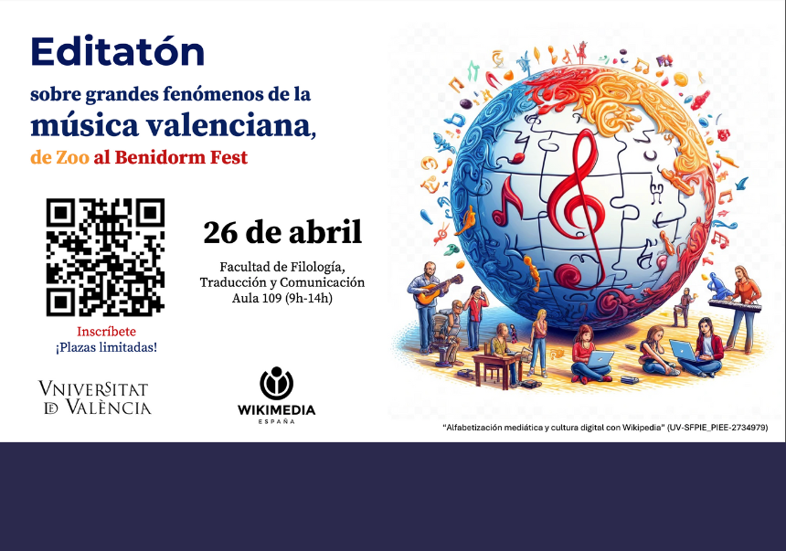 Cartell amb el títol: editató de Wikipedia sobre grans fenòmens de la música valenciana el pròxim 26 d'abril.