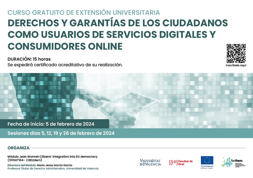 Cartell del curs amb el títol Drets i garanties dels ciutadans com a usuaris de servicis digitals i consumidors en línia.