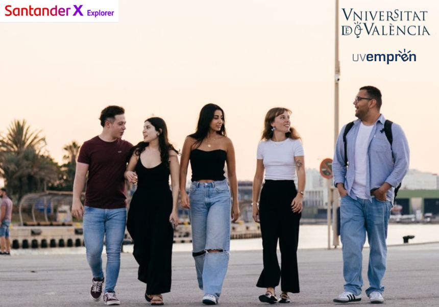 Imatge d'estudiantat caminant pel carrer i logos de Santander X Explorer, UV i UVemprén