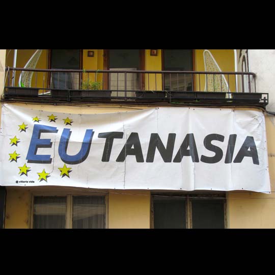 Hanging poster asking for the legality of euthanasia
