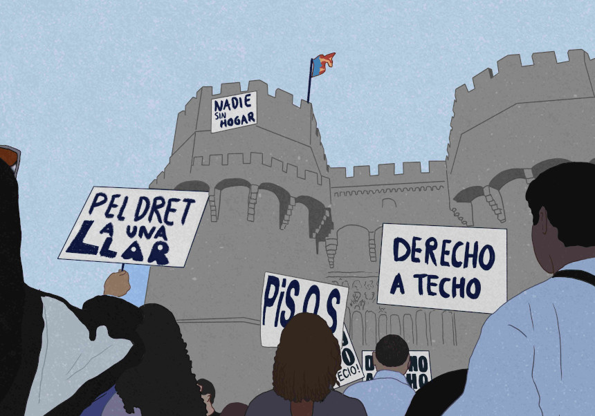Ilustración sobre el derecho a la vivienda que forma parte de la exposición. Elena Muñoz Collado.